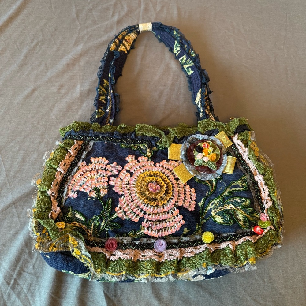 Ziba Boho Cottagecore Embroidered Handbag – Beaded Sequin Flower, Ruffles, Lace